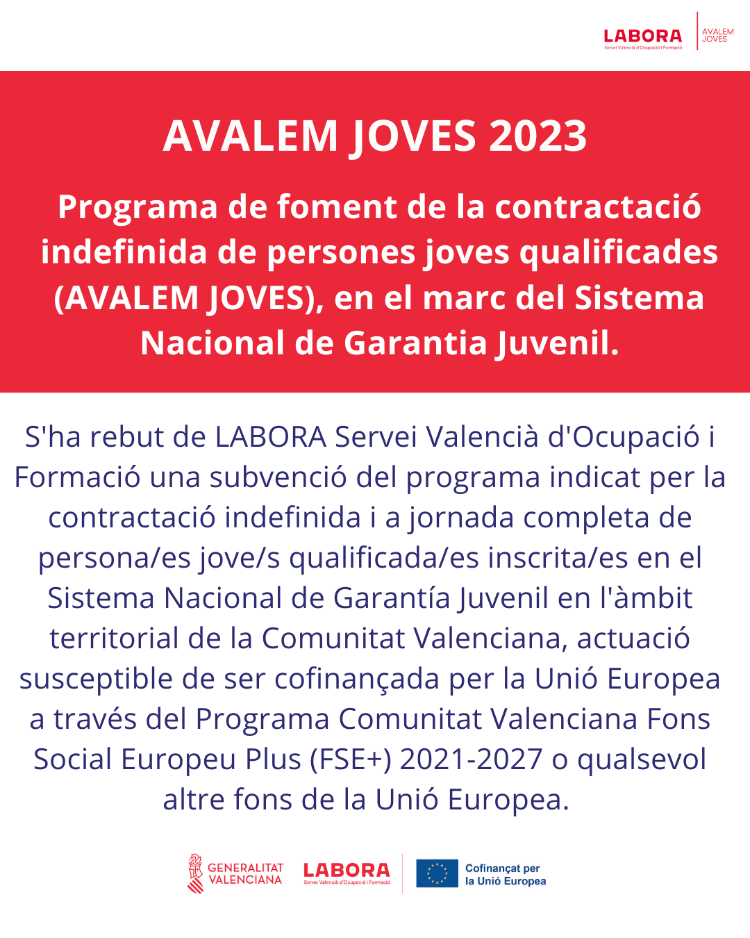 Cartell oficial Avalem Joves ECOGJUV 2023 de LABORA sobre la contractació indefinida de persones joves qualificades