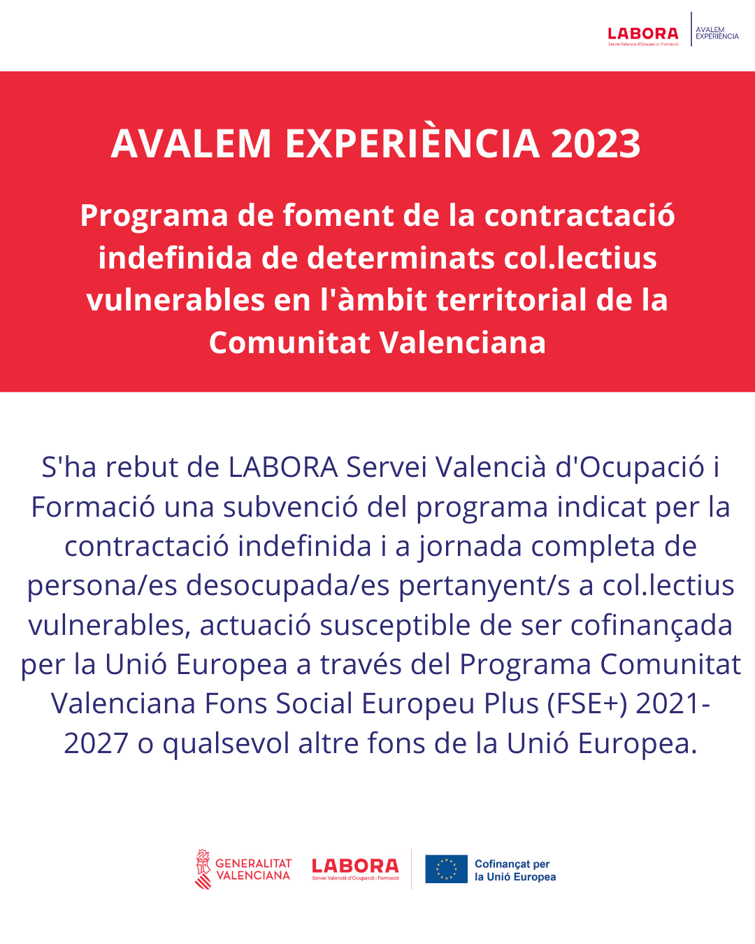 Cartell oficial Avalem Experiència ECOVUL 2023 de LABORA sobre la contractació indefinida de col·lectius vulnerables